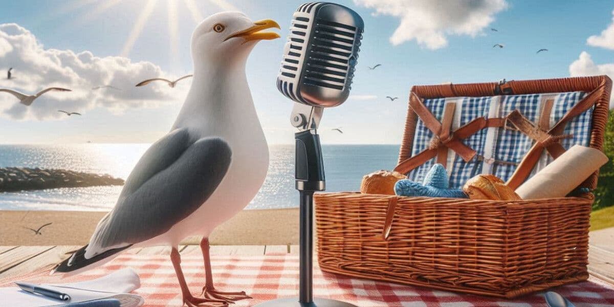 A seagull a microphone, a picnic basket. Picnic blanket. Comedy at a weekend at the Fringe!