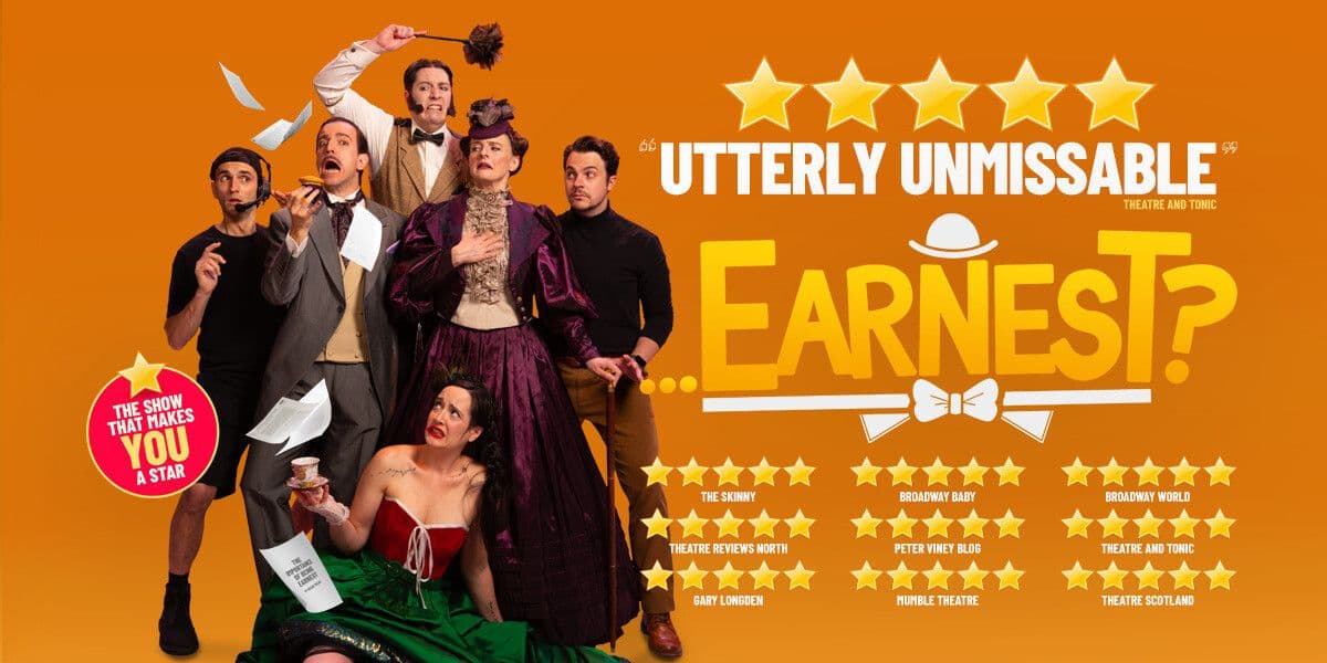 Production image of the cast against an orange background