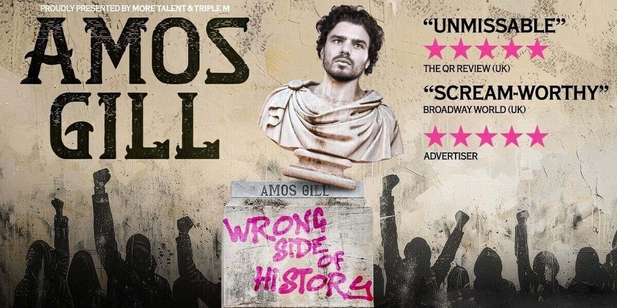 Amos Gill is depicted as an ancient Greek marble bust, toppling from its graffittied plinth. The graffiti reads 'Wrong Side of History', as silhouetted people in the background victoriously raise fists in the air.