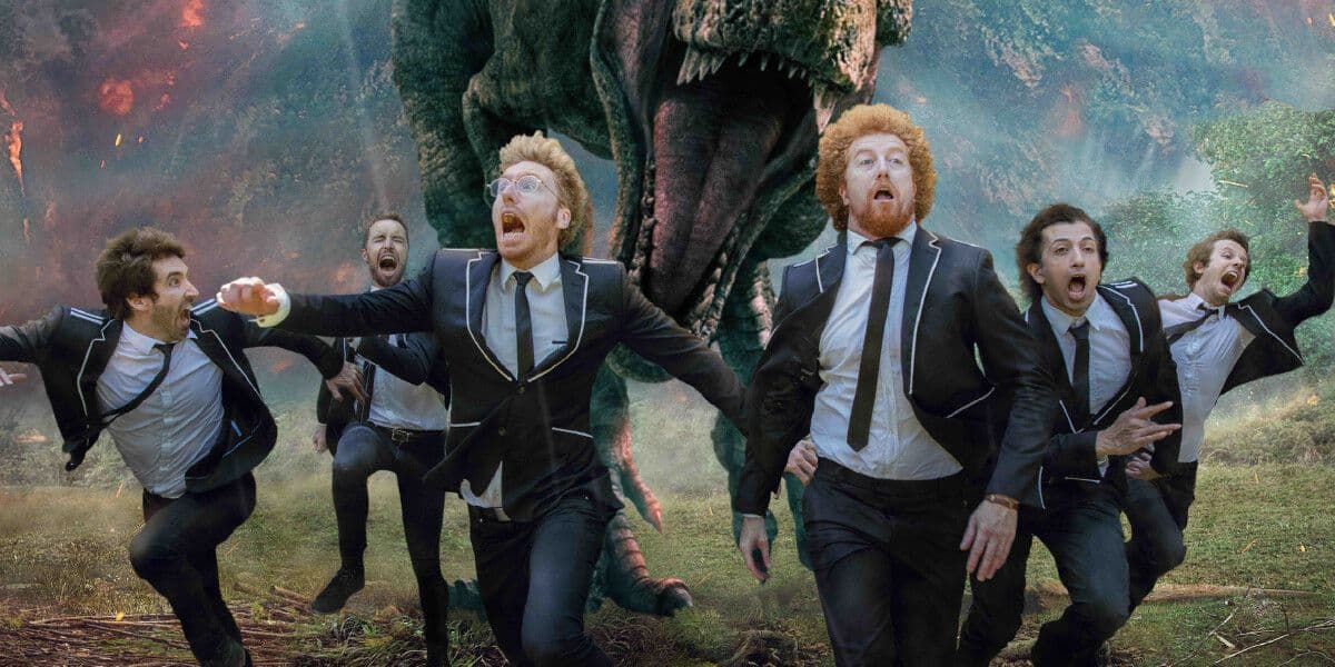 A T rex chases the band